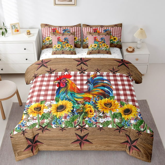 YST Chicken Comforter Set Queen Size 7 Piece,Rustic Farm Animal Bedding Set With Sheets,Red Checkered Sunflower Bed In A Bag With Pillow Cases And Covers,Reversible