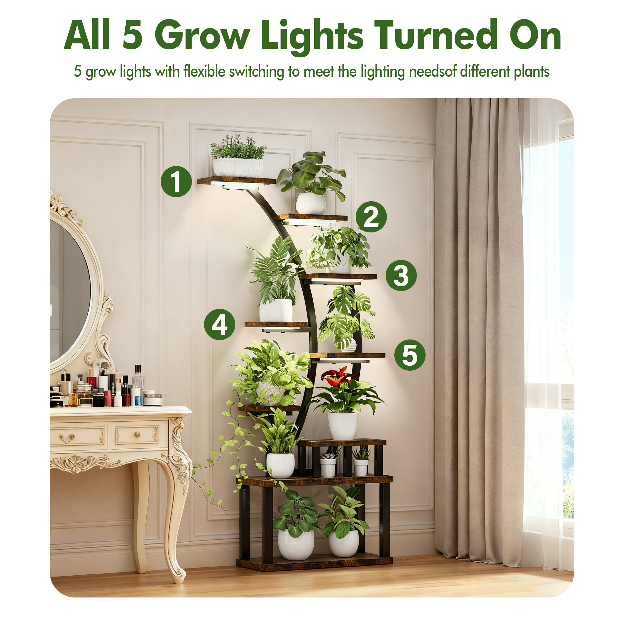 Aukfa 9-Tier Metal Plant Stand with Grow Lights,63" Tall Heavy Duty Indoor Plant Shelf for Multiple Plants, Full Spectrum LED& Time,Rustic Brown