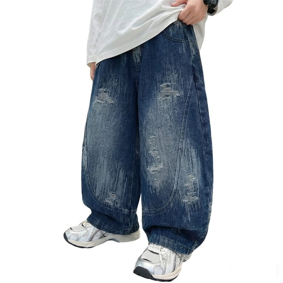 JIAYUE Boys Casual Denim Pants Distressed Wide Leg Classic Loose Pocket Floor-Length Trousers Comfortable Spring Autumn Wear Versatile Jeans For Kids