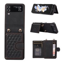 ELEHOLD Luxury Wallet Case for Samsung Galaxy Z Flip 4 with Card Holders Magnetic Closure Kickstand Function Shockproof Purse Case with Detachable Crossbody Shoulder Strap,Black