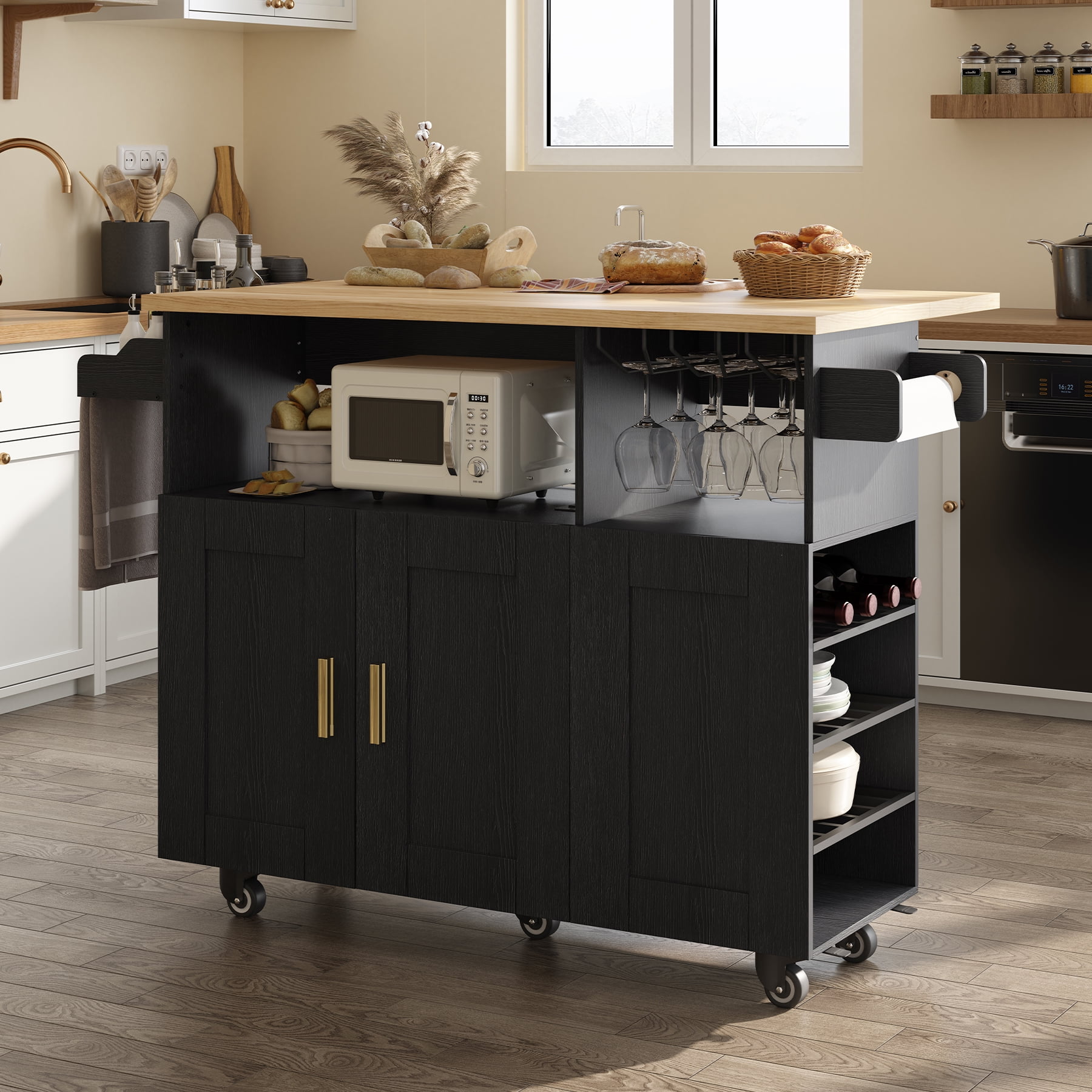 ZOPEND Rolling Mobile Kitchen Island Cart Bar with Desktop Drop Leaf Countertop, Island Cart with 5 Wheels, Power Socket and Towel Rack，Black