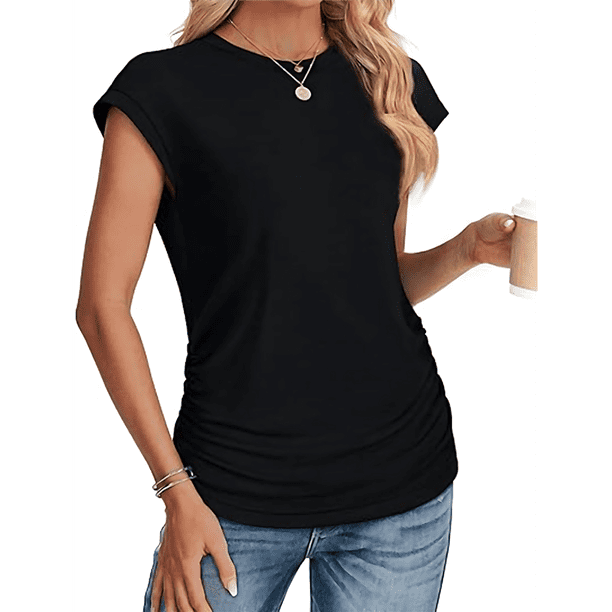 Camiseta de Corta con Cuello Redondo y Fruncido para Mujer, Color Negro, Talla S