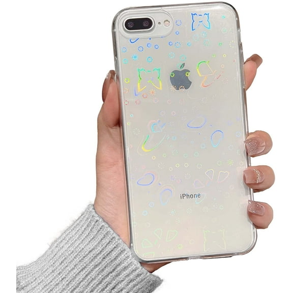 Compatible with iPhone 7 Plus Case, iPhone 8 Plus Case, Clear Laser Glitter Bling Heart Soft & Flexible TPU and Hard PC Shockproof Cover Women Girls Heart Pattern Phone Case (Rainbow Heart)