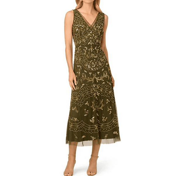 Adrianna Papell Beaded V-Neck Sleeveless Midi Dress, 6P
