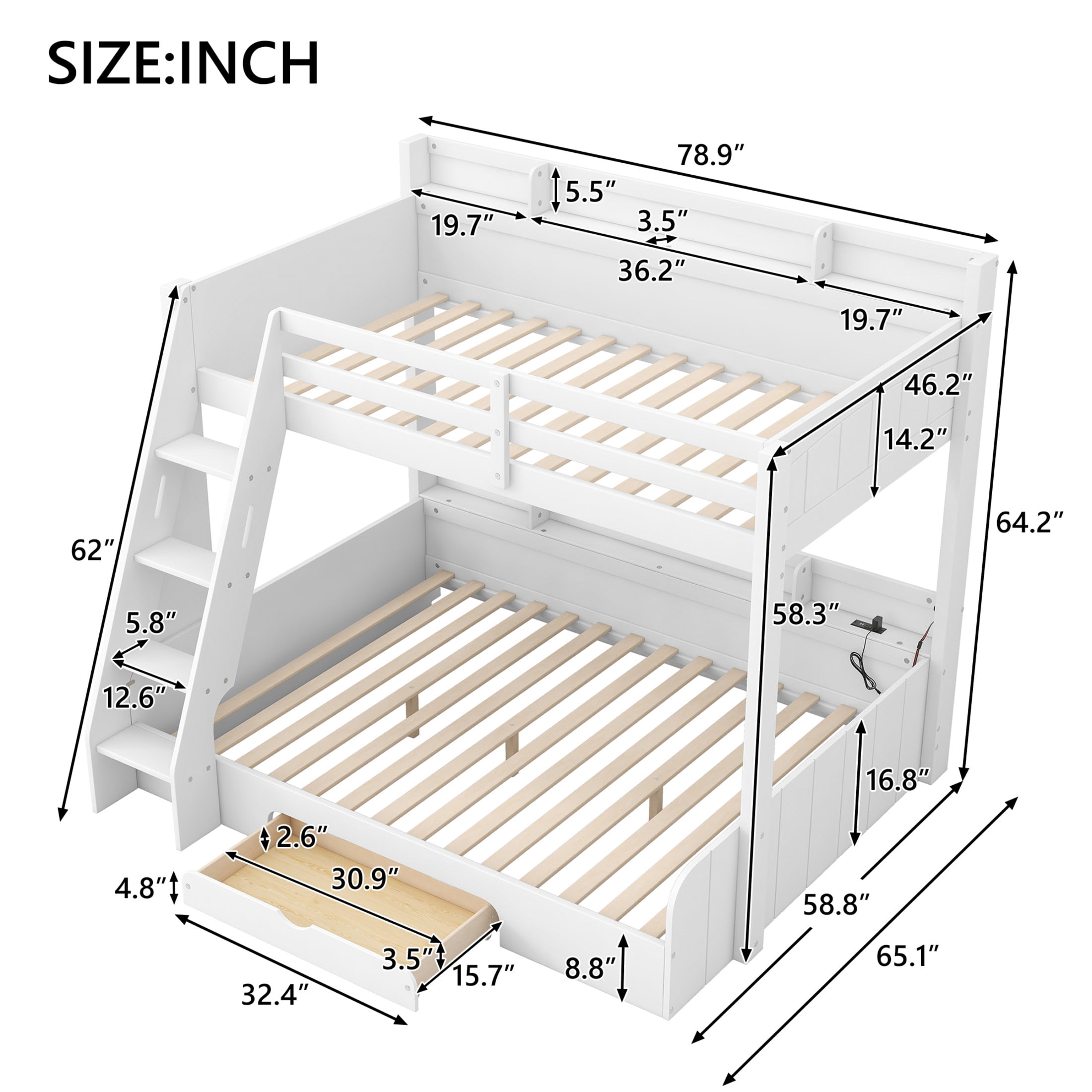 Noble House Alver Twin over Full Bunk Bed with Charging Station, LED Lighting, and Storage Shelves, Space Saving, White