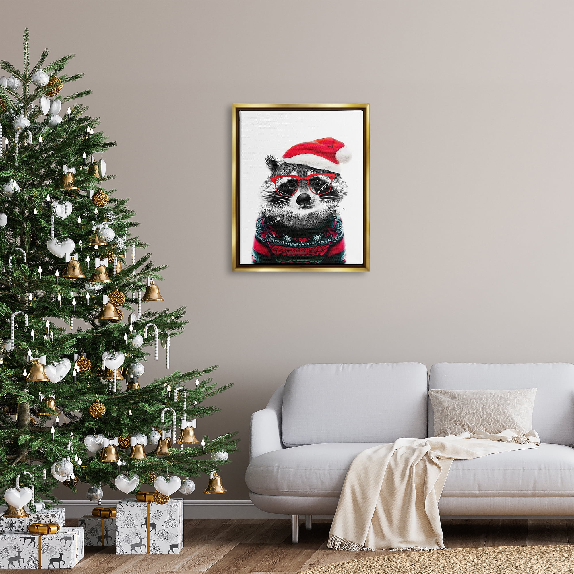 Stupell Industries Raccoon in Holiday Sweater Holiday Painting Gold Floater Framed Canvas Art Print Wall Art, 25 x 31