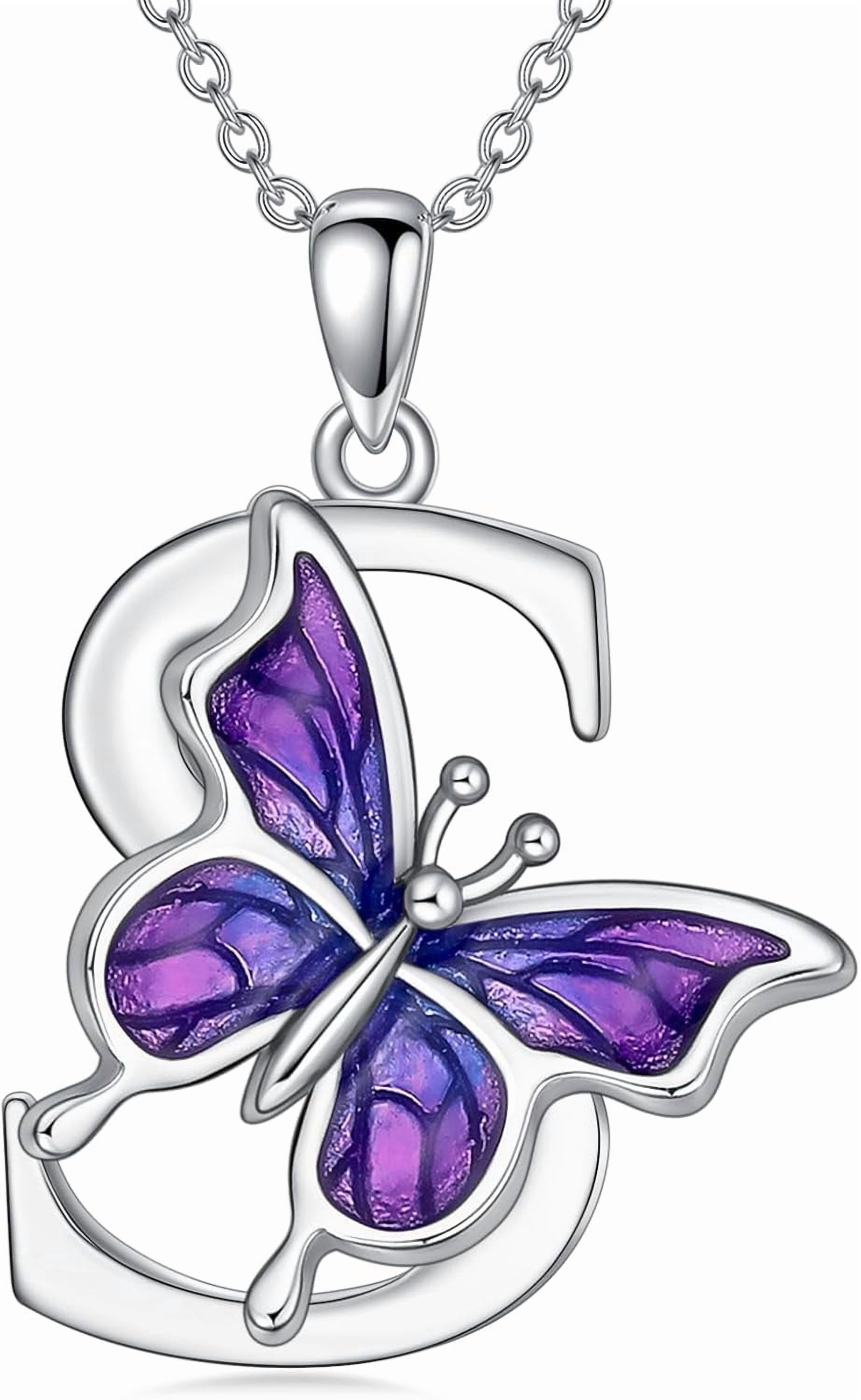 AOBOCO Initial Necklace for Women 925 Sterling Silver Purple Butterfly with A-Z 26 Letters Pendant Necklace for Graduation Gifts