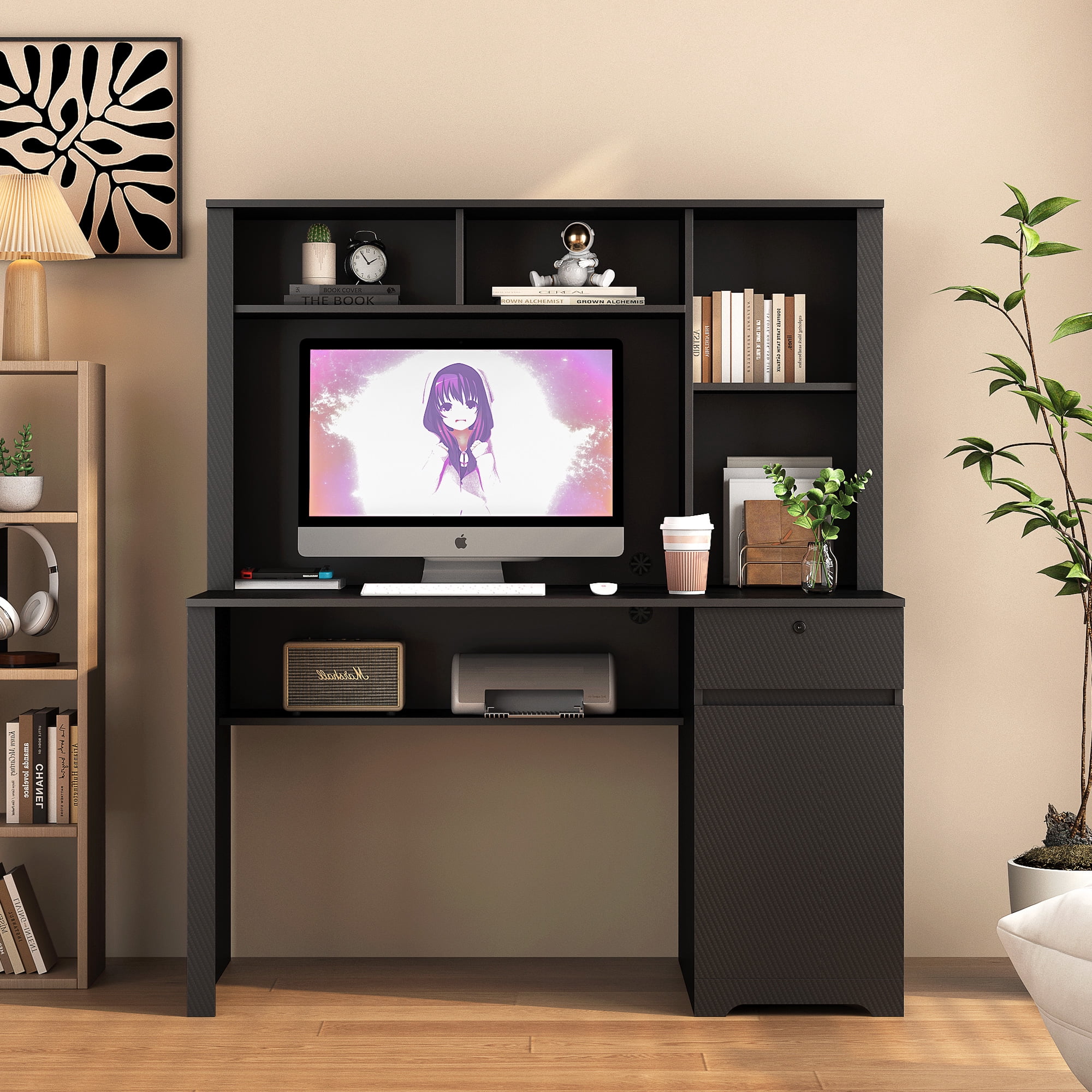 Wood Executive Desk with Hutch Charging Station and Lockable Drawer