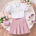 thumbnail image 2 of Huowey Girls School Uniform Stylish Skirts Outfit Solid Color Lace Trim Short Puff Sleeve Button Down Shirt Tops High Waist Pleated Patchwork Bows Skirt Summer Dailywear,White,10-11 Years, 2 of 9