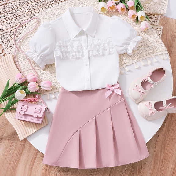 SONGGE Toddler Girls Summer Formal Outfit Sets Short Sleeve Blouse With Letter Print Skirt For Party Wear Back To School Holiday Clothes Sets