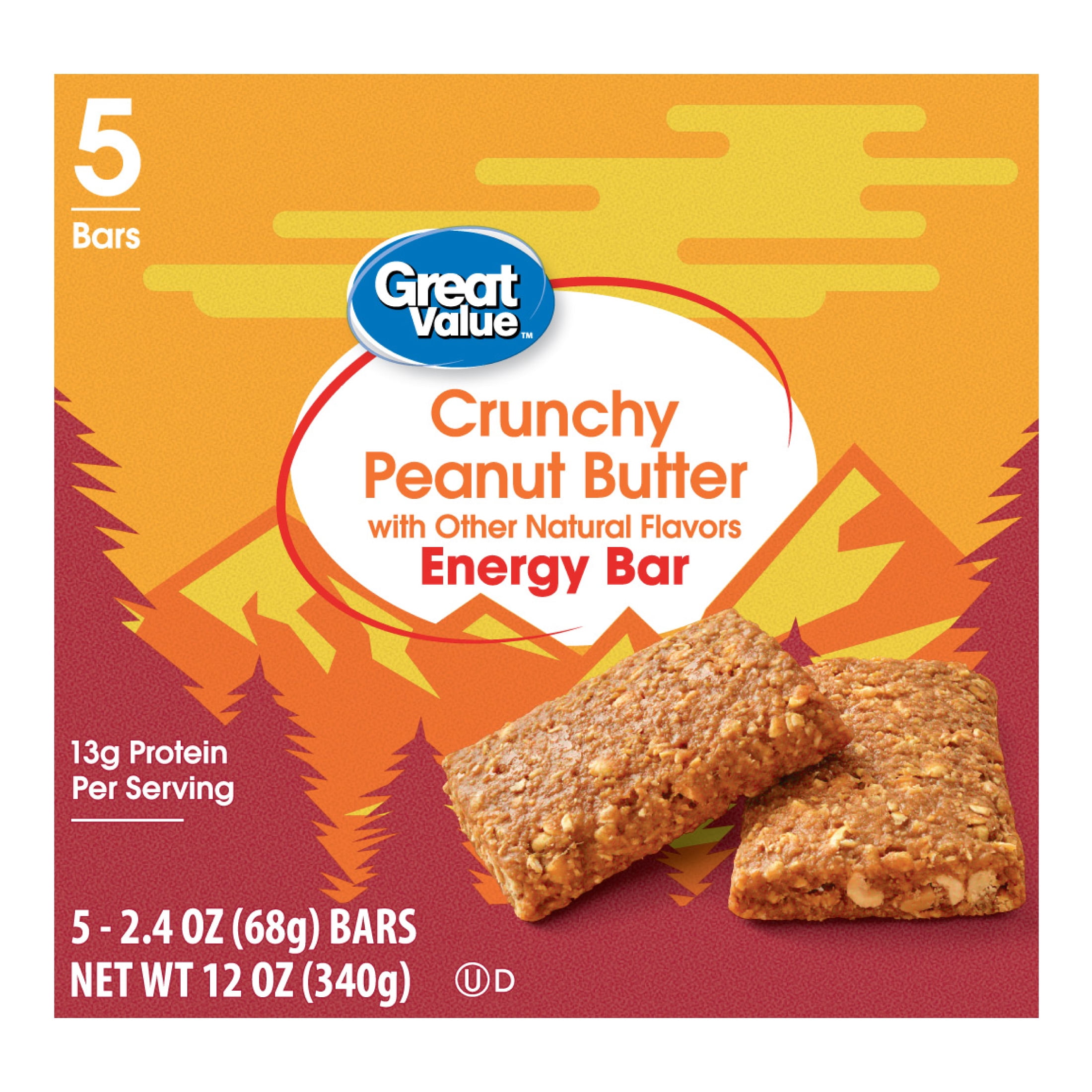 (4 pack) Great Value Energy Bar, Crunchy Peanut Butter, 2.4 oz, 5 Count