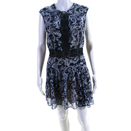 

Pre-owned|BCBGMAXAZRIA Womens Sleeveless Abstract Lace Trim Dress Blue White Size 4