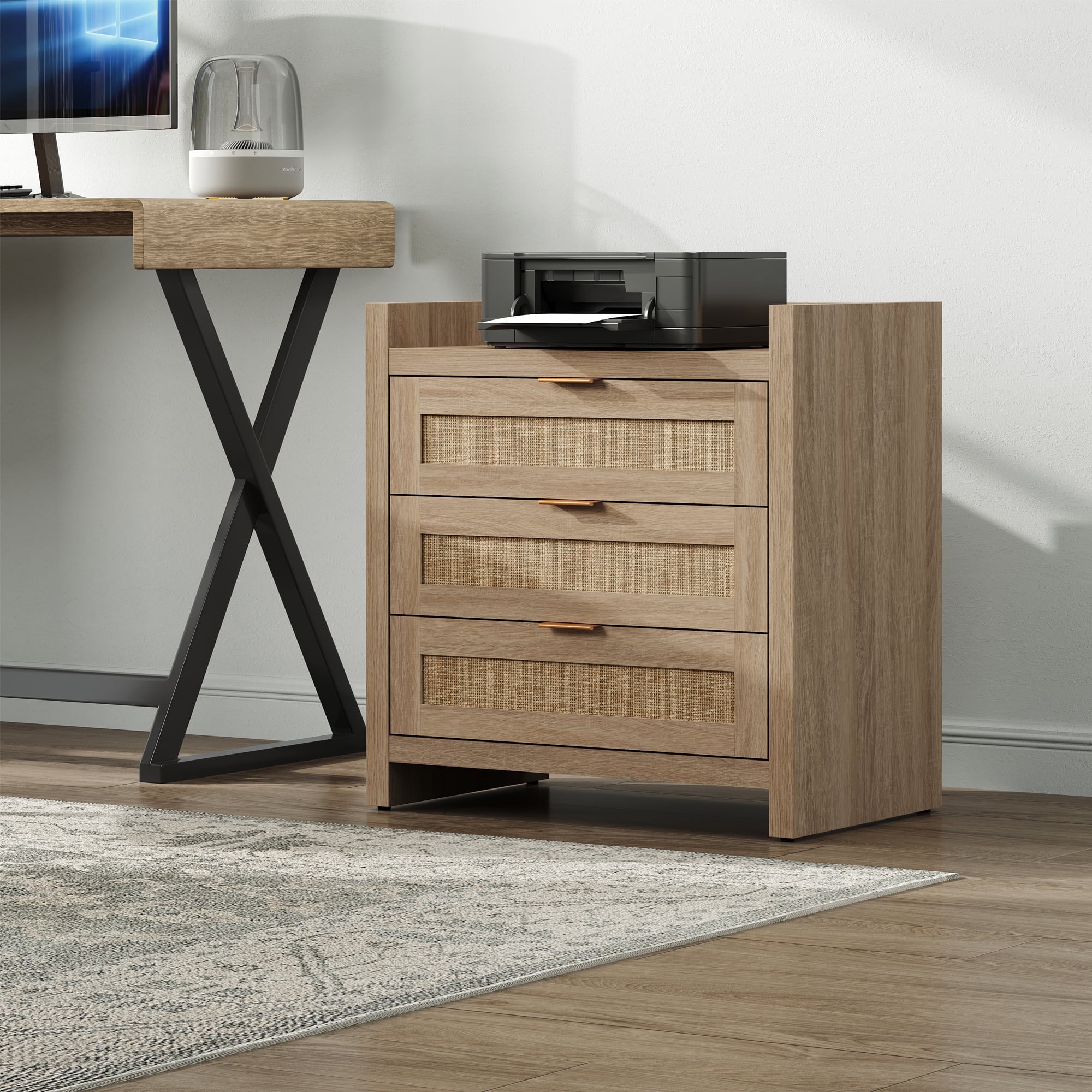 SICOTAS Boho Night Stands with Charging Station, Rattan Nightstands with Type-c Ports 26.57"H Tall Bed Side Table with 3 Drawers for Bedroom Enrtyway Livingroom,Light Oak