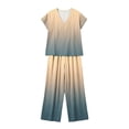 thumbnail image 6 of Cagogo Women Plus Size 2 Piece Outfits Summer Vacation Set Loose V Neck Short Sleeve Tshirt Wide Leg Pants Casual Cruise Travel Lounge Tracksuits Boho Gradient Matching Sets, Beige L, 6 of 6