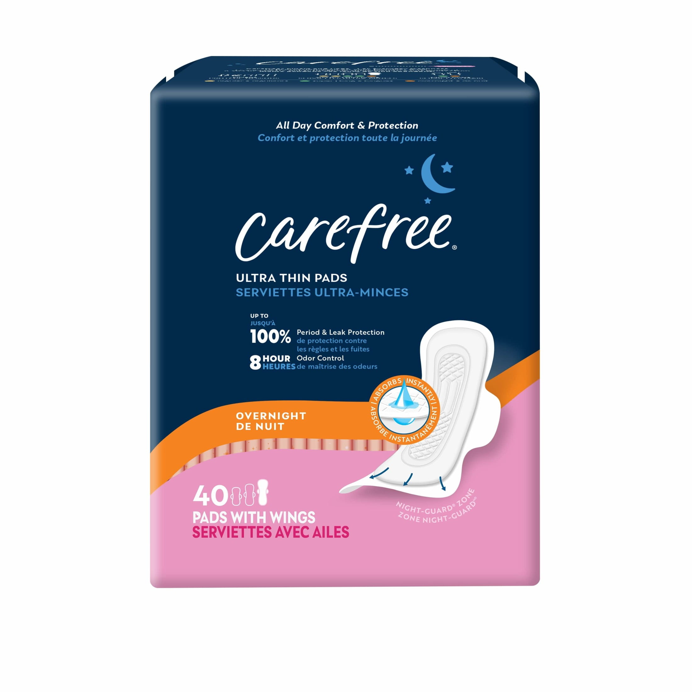 Carefree Ultra Thin Pads, Overnight with Wings, 40 CT