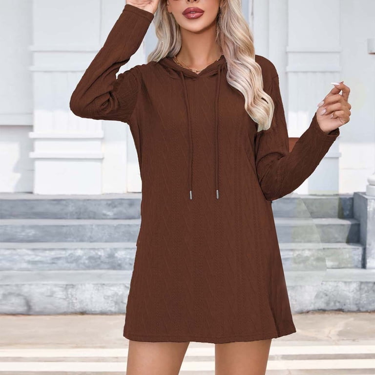 Elainilye Fashion Women's Dresses Casual Long Sleeve Dress Solid Outing Hooded  Dress A Line Dress,Brown