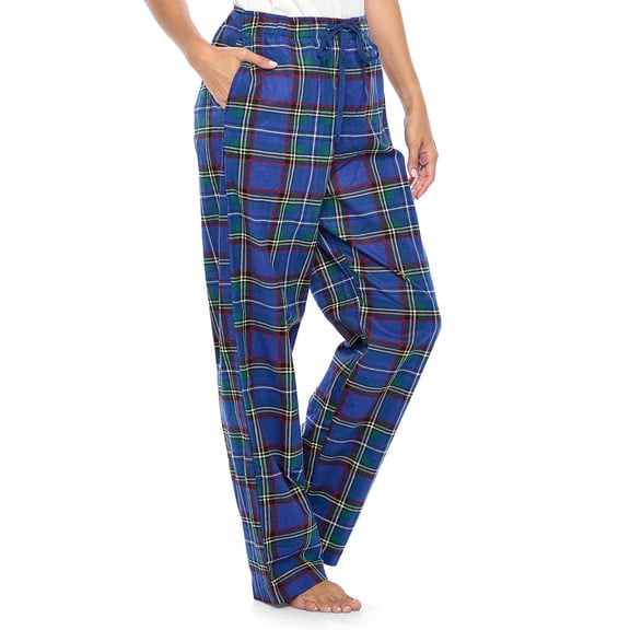Casual Nights Women's Flannel Pajama Pants, Plaid Lounge Bottoms with Drawstring Waist and Side Pockets, Cotton-Poly Blend, Blue Green Plaid L