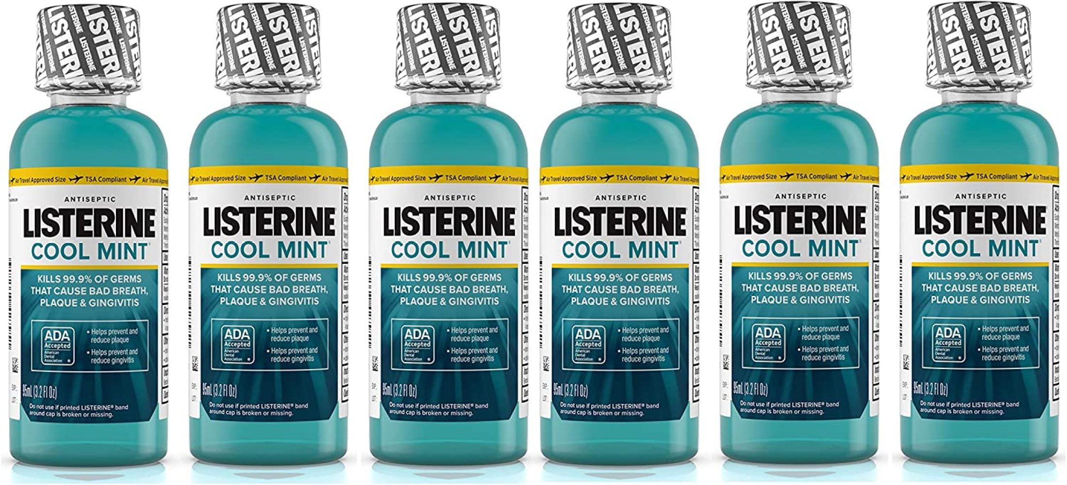 Listerine Cool Mint Antiseptic Mouthwash for Bad Breath, Travel Size 3.2 oz - Pack of 6