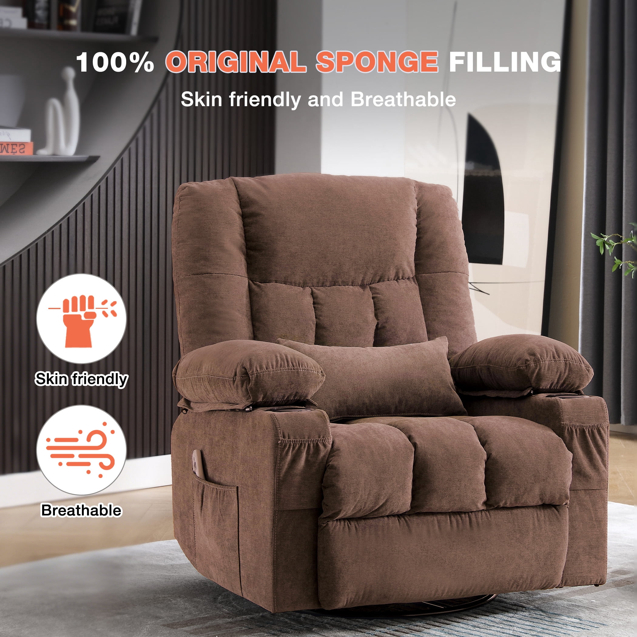 Oversized Massage Recliner Chair for Elderly,Modern Living Room Electric Rocking & Reclining Chairs with with Heat, 8-Point Vibration,USB Charger and Cup Holders, Plush Velvet Single Sofa, Brown