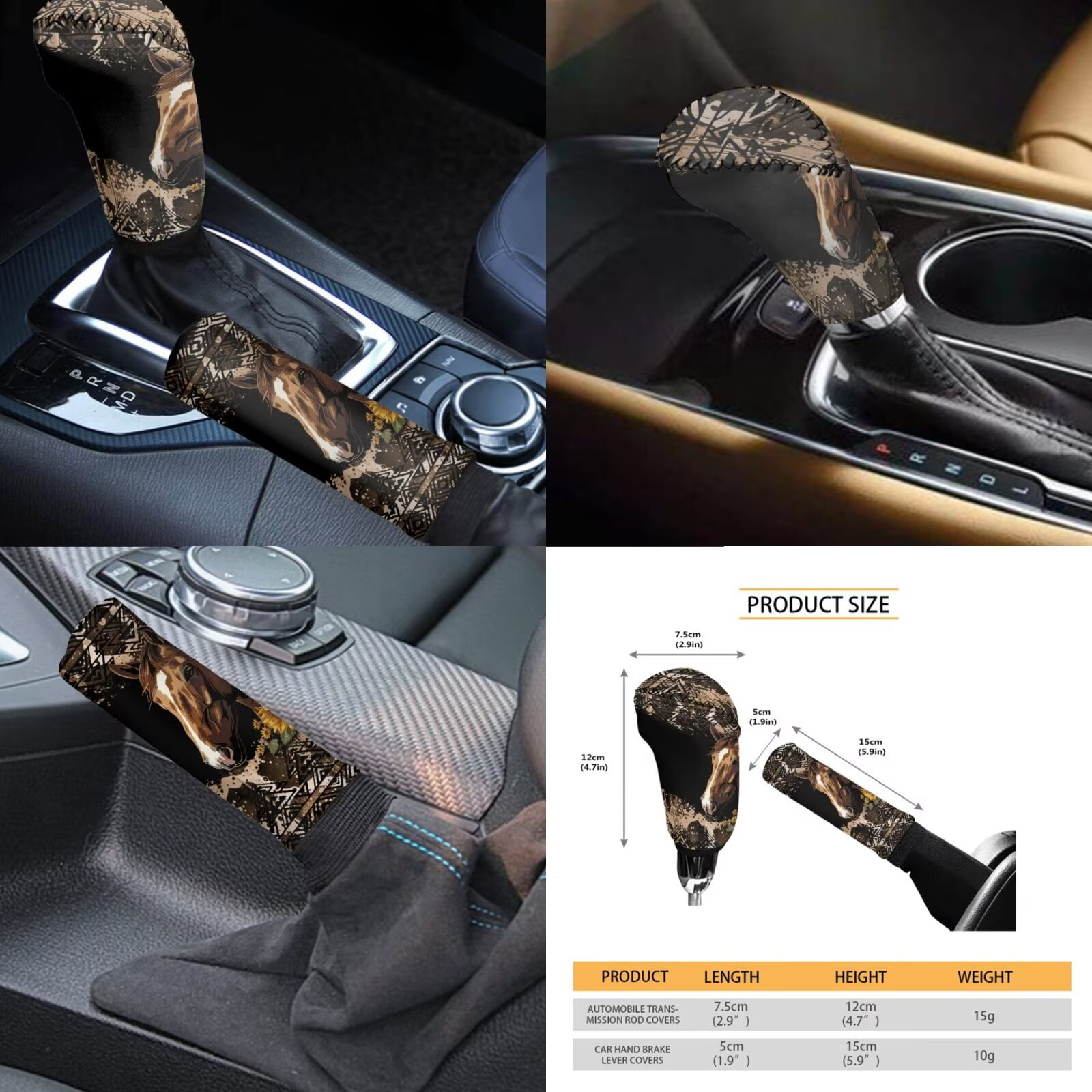 Garronmavis Aztec Horse Car Accessories Set Steering Wheel Wrap Gear Shift Cover Handbrake Sleeve Headrest Protectors Cup Coasters Easy to Install Air Breath in Summer Universal Interior Accessories