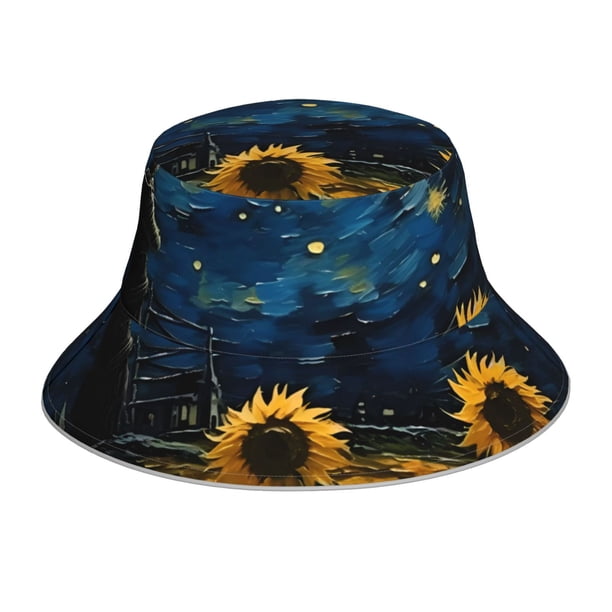 Balery Oil Starry Sky Sunflower Sombreros para el sol para hombre y mujer, sombrero de pescador con UPF 50+
