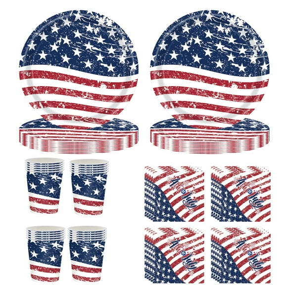 60PCS 4th of July Party Disposable Tableware Set,20PCS Plates,20PCS Cups,20PCS Disposable Napkins,Independence Day American Flag Disposable Tableware Set for All Occasion Dinner Party Tableware Set