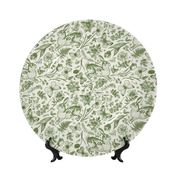 Picia Green Rabbit Pattern Bone China Decorative Plate – Wall Decor with Stand and Adhesive, Elegant Ornament for Living Room, Office, or Entryway-6in