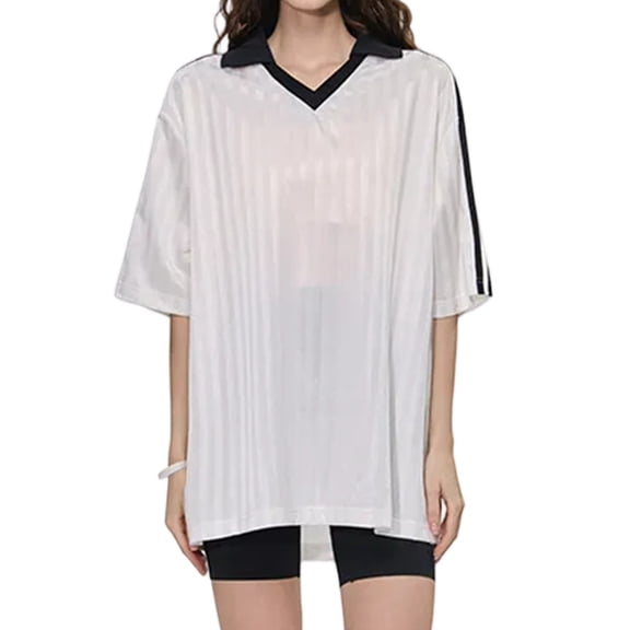 Men'S V Neck Retro Striped Athletic Football Short Sleeve T Shirt White L