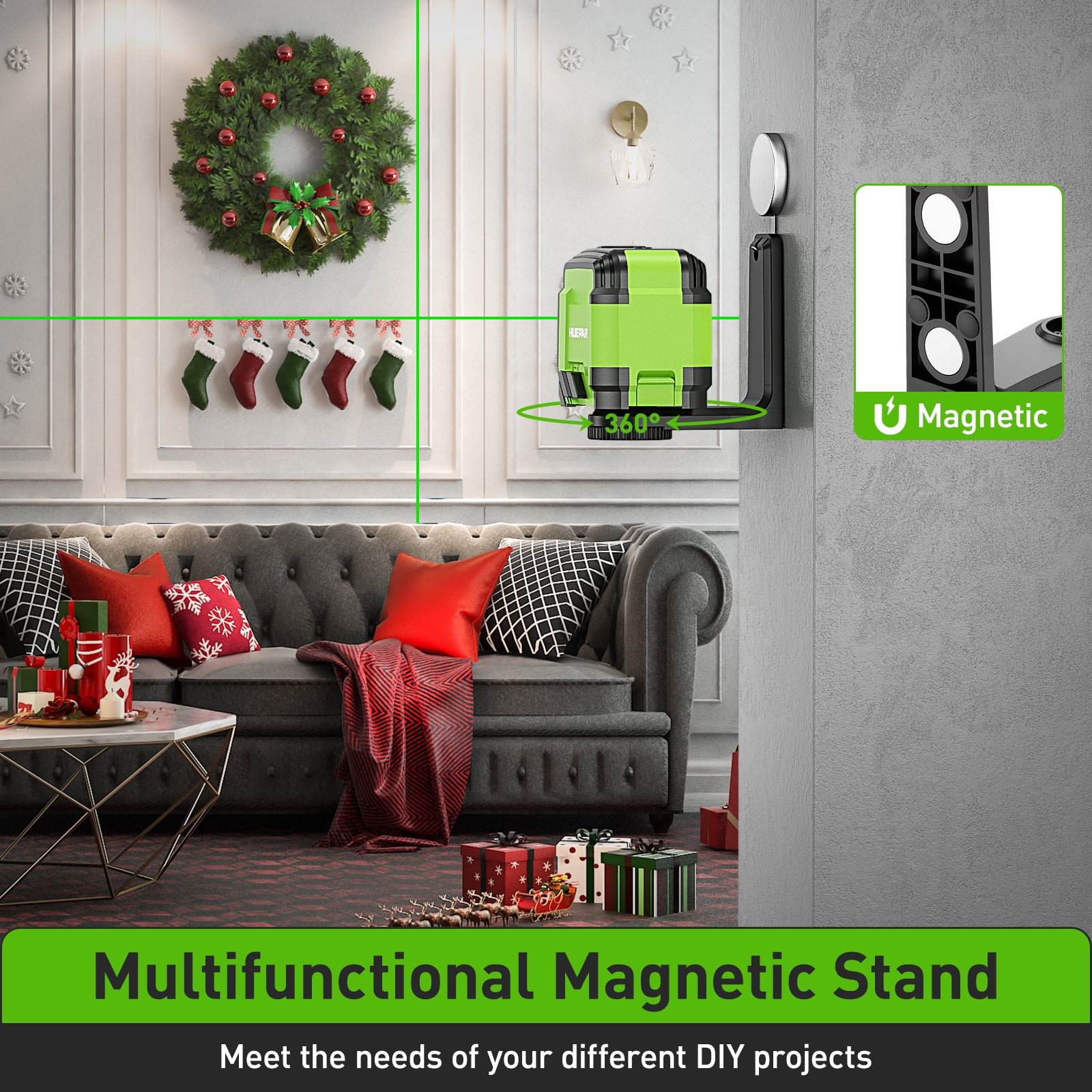 Self-leveling Laser Level, Green Cross Line Laser Level Tools for Home DIY Picture Hanging with 360° Magnetic Bracket and Carrying Bag