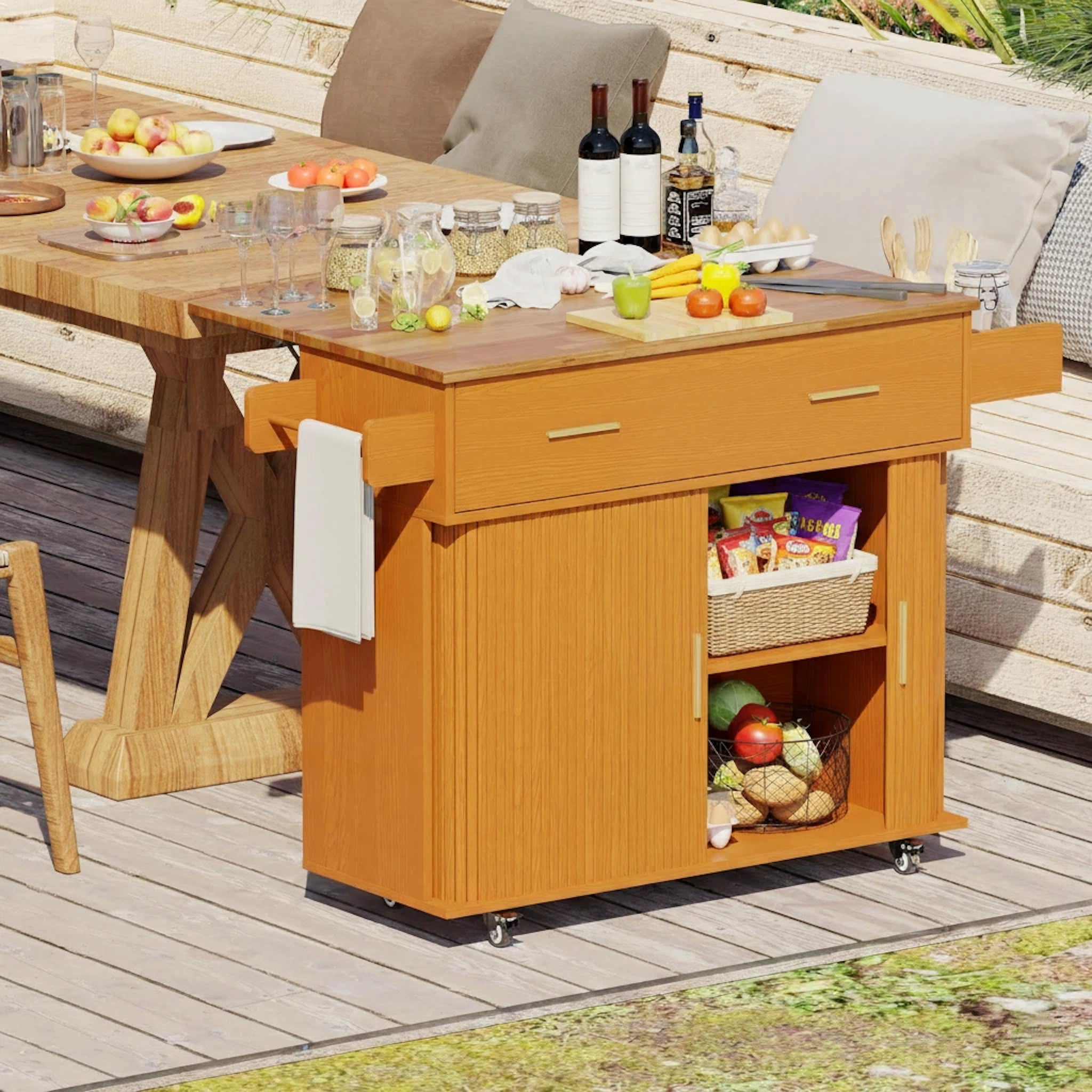 AISWORD Rolling Kitchen Island with Drop Leaf, Sliding Door, Drawers & Spice Rack, Yellow
