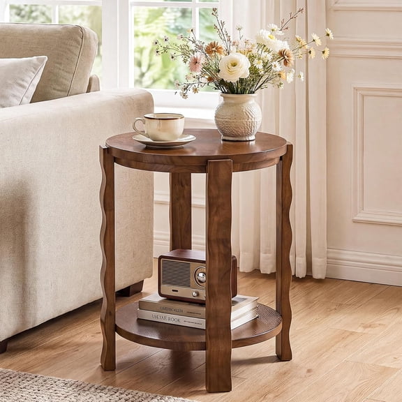Tribesigns 2-Tier End Table, Round Solid Wood Side Table with Storage Shelf for Bedroom, Living Room, Walnut