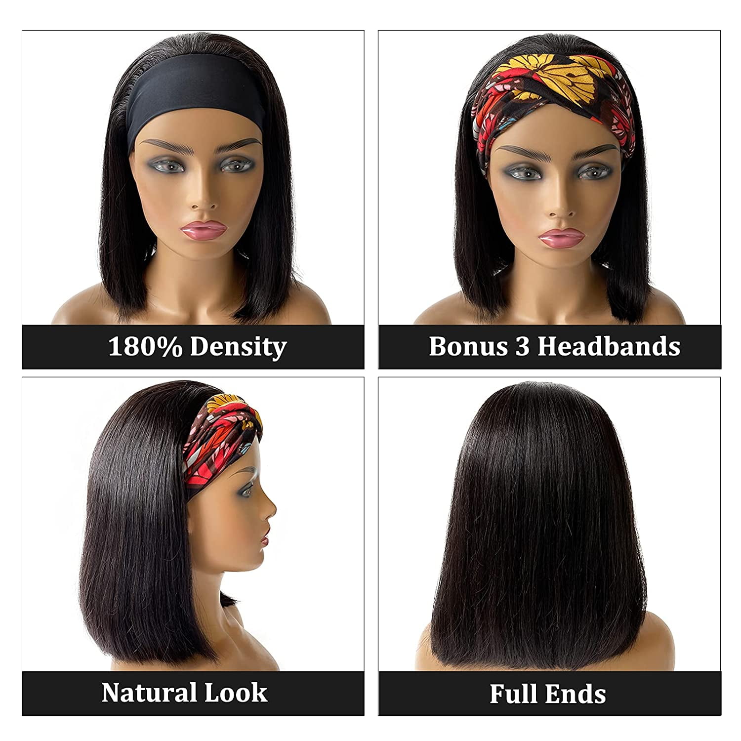 Headband Bob Wig Human Hair Natural Black Brazilian Human Hair Short Bob Wigs for Black Women Straight Half Wigs 180 Density Real Remy Hair None Lace Front Wig with Headband Attached 10