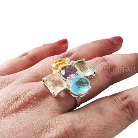 Cluster Ring, Natural Citrine, Amethyst, Lemon Topaz, Blue Topaz, Green Amethyst Gemstone Ring, Bohemian Ring, 925 Sterling Silver, Womens Ring, Christmas, Handmade, Statement Jewelry, Cocktail Ring