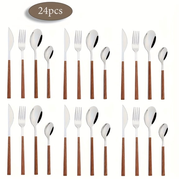 24-piece stainless steel cutlery set, vintage style, mirror polished, with wooden-look handles, 6-person tableware, suitable for weddings, housewarming parties, and other occasions, tableware, kitche