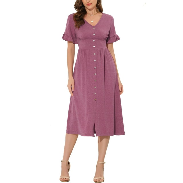 INSPIRE CHIC Women's Summer Dress V Neck Button Flutter Sleeve Smocked High Waist Midi Dress S Fuchsia