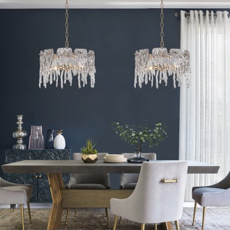 LNC Modern Drum Chandelier Crystal 3-Light Gold Island Pendant with Glass Shade for Living Room