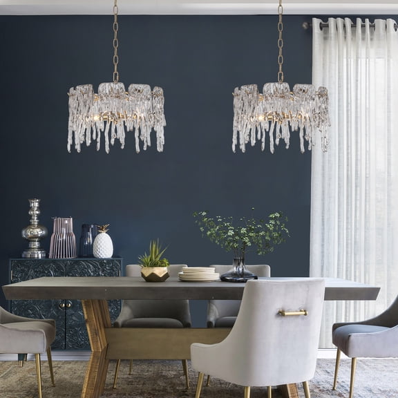 LNC Modern Drum Chandelier Crystal 3-Light Gold Island Pendant with Glass Shade for Living Room