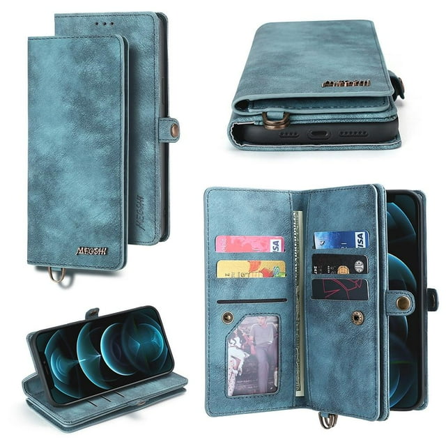 1pcs Wallet Case Compatible with IPhone 13/13 Mini/13 Pro/13 Pro Max, 2 in 1 Wallet Protective Flip Cover with Detachable Magnetic Wallet, PU Leather Wallet with Lanyard, 12 Card Slots