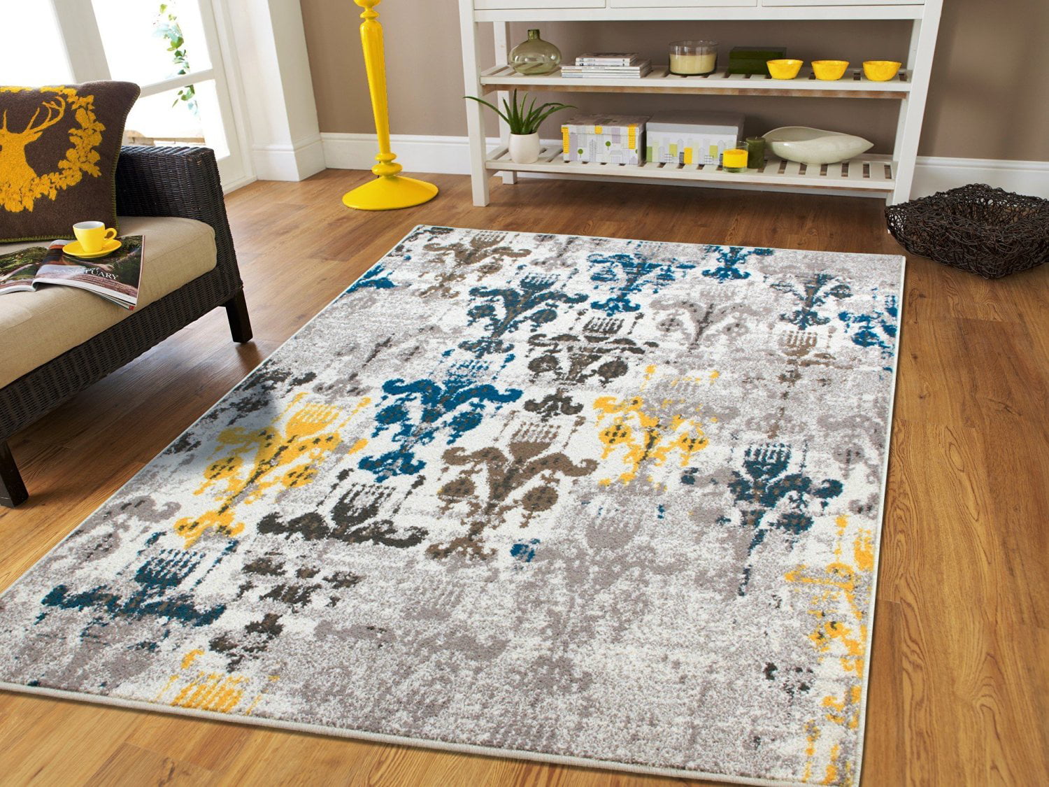 Modern Rug Yellow Blue Grey  Extra Large XL Small Patchwork Living Room Rug Mat 
