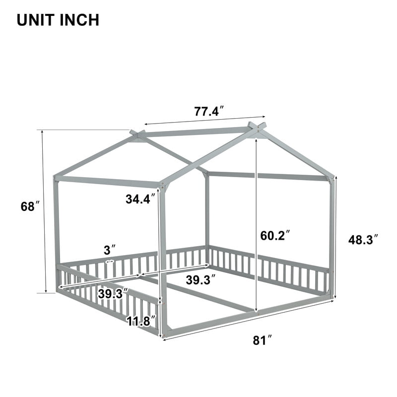 Double Twin Size House-Shaped Canopy Floor Bed with Safety Guardrails, Kids Wooden Low Profile Bed Frame with Open Roof Design