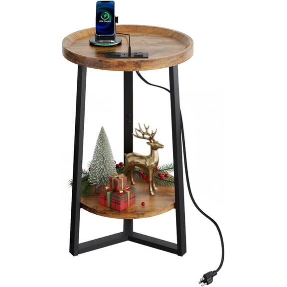 Round End Table with Charging Station, 2 Tier Side Table for Living Room/Bedroom, Round Nightstand with Storage Shelf, Small Spaces, Wood Tabletop & Metal Frame, Rustic Brown