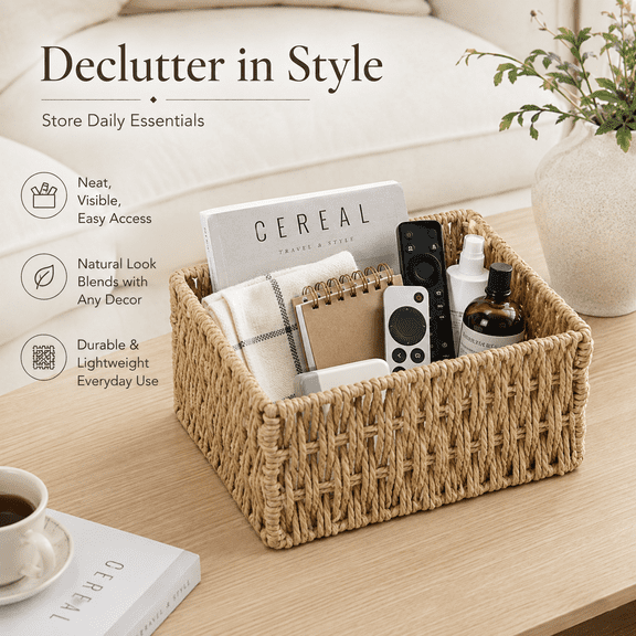 Faux Straw Rattan Desktop Storage Box - Handwoven Style Cosmetic Jewelry Organizer Basket, Lightweight Home Office Tabletop Bin for Makeup Trinkets Small Accessories & Stationery, 9*6*4in, Khaki