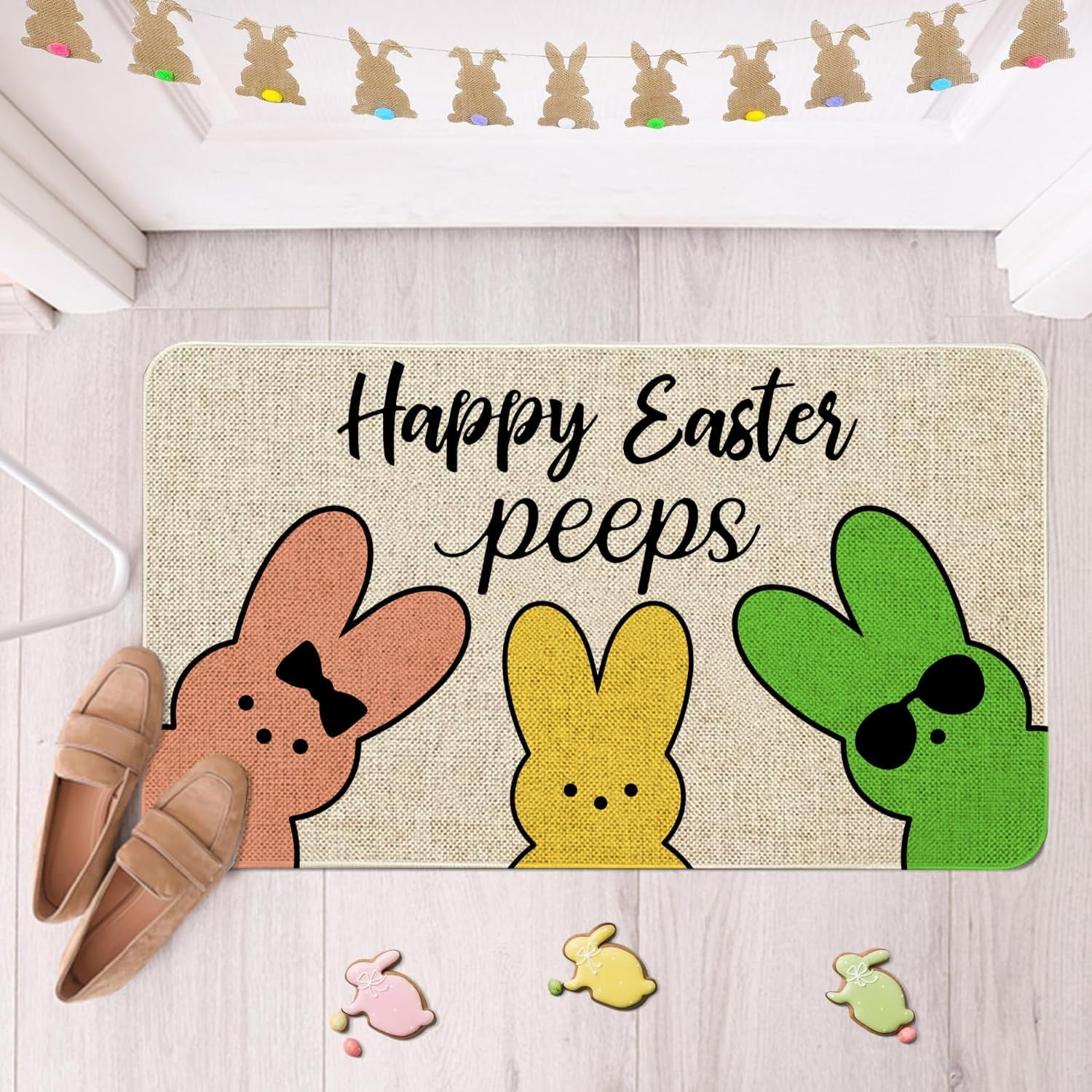 Easter Bunny Welcome Peeps Door Mat 30x17 - Non-Slip Indoor Outdoor Doormat Entrance Floor Mat for Easter Decor Rubber Mats