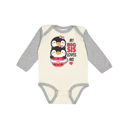 

Inktastic My Big Sis Loves Me- cute teacup penguins little sister Gift Baby Girl Long Sleeve Bodysuit