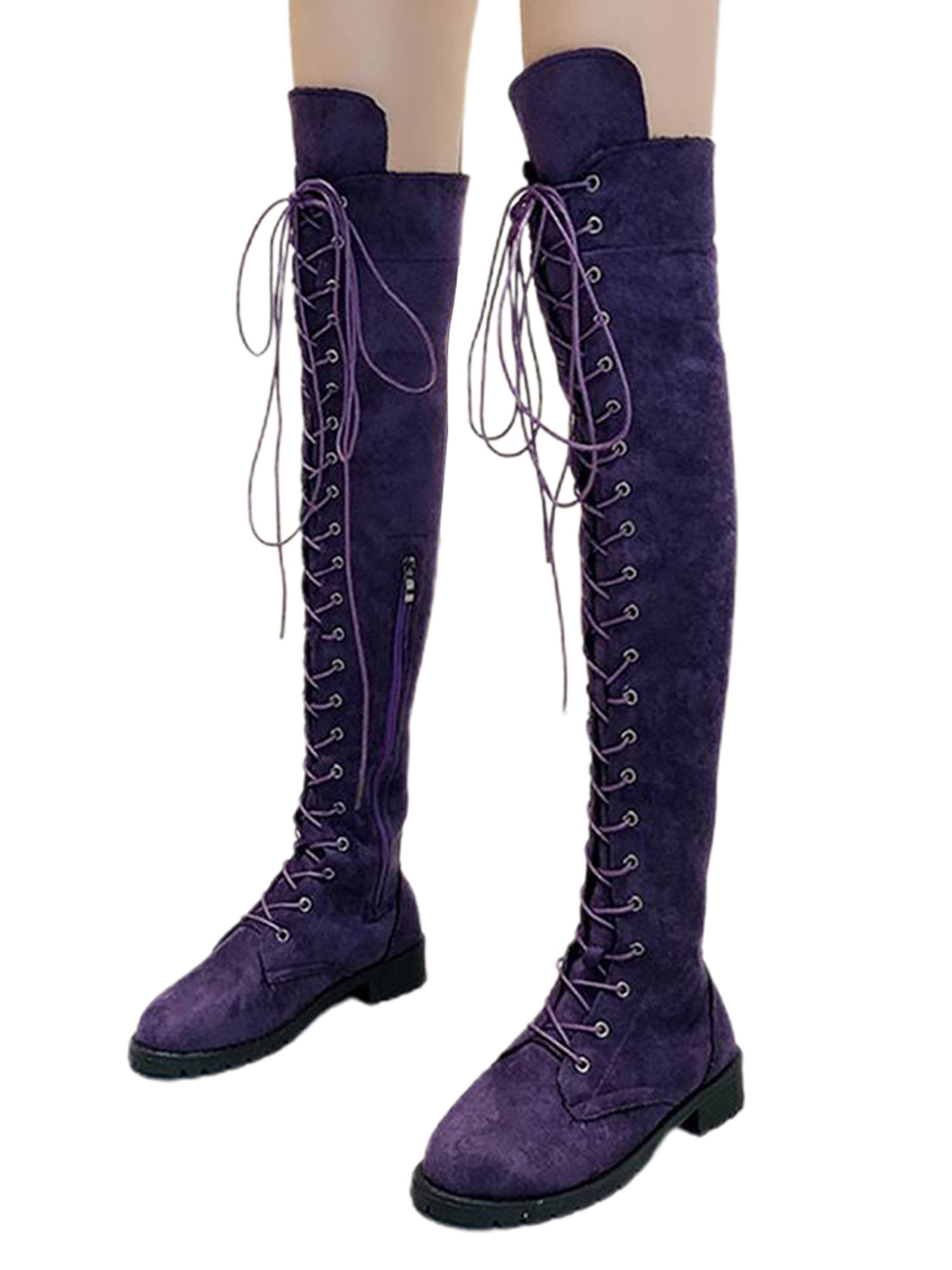Womens Low Heel Knee High Riding Boots Lace Up Side Zipper Round Toe Shoes HOT 