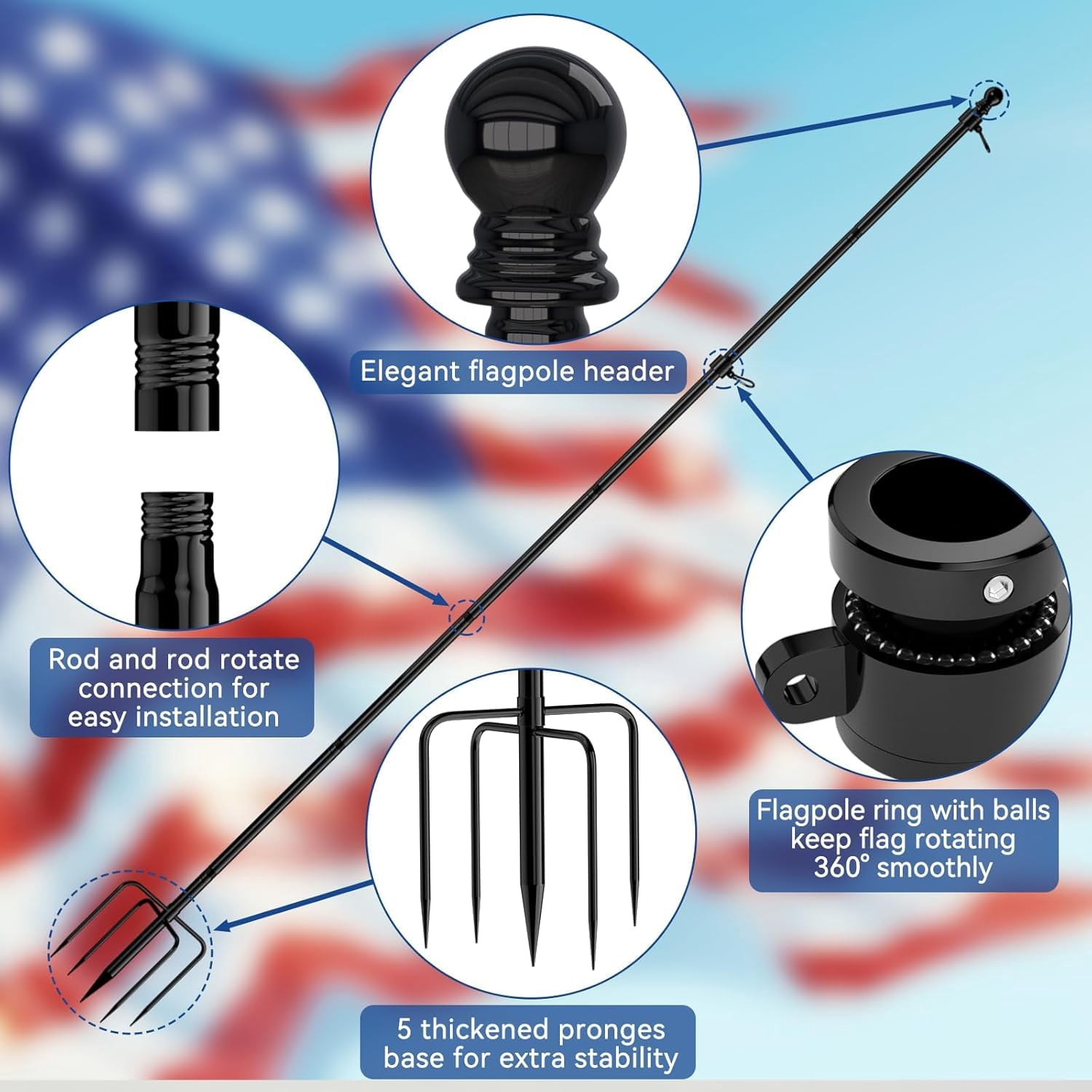 FIASON 1 Pack 12 FT Black Stainless Steel Flag Pole, Heavy Duty Tangle-Free Flagpole with 5-Prong Base, In-Ground Outdoor Yard Commercial Garden Flag Holder Kit, No Flag Included
