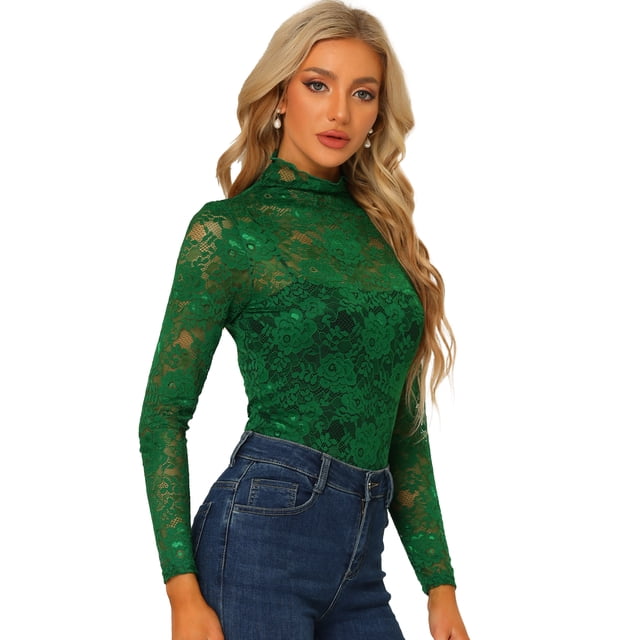Blusa de encaje floral transparente Allegra K Verde Oscuro XS para mujer