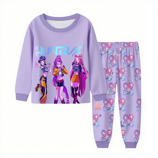 Pop Stars Dem on Hunter Pajamas Set,HUNTR/X Rumi,Mire Zoeyy Kids Long Sleeve Pajamas,Huntrix Printed Fashion Suit Skirt Round Neck Long Sleeve Top Pants