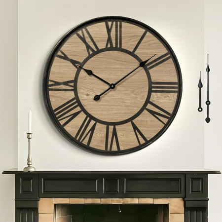 MaxxMarket Large Wall Clock for Living Room Decor, Non Ticking Silent, Battery Operated Modern Vintage Wood Oversized Decorative Wall Clock for Bedroom Kitchen Farmhouse Office Decor