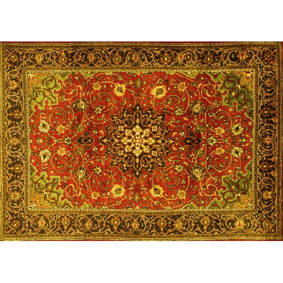 Ahgly Company Machine Washable Indoor Rectangle Medallion Yellow Traditional Area Rugs, 8' x 12'